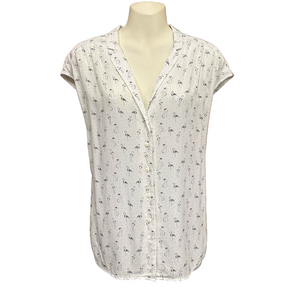 Harris Wilson white flamingo print viscose button down short sleeve blouse Large